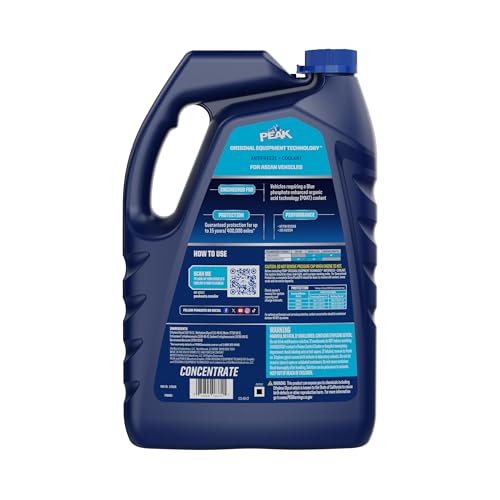 Close-up of PEAK OET blue antifreeze label highlighting product details.