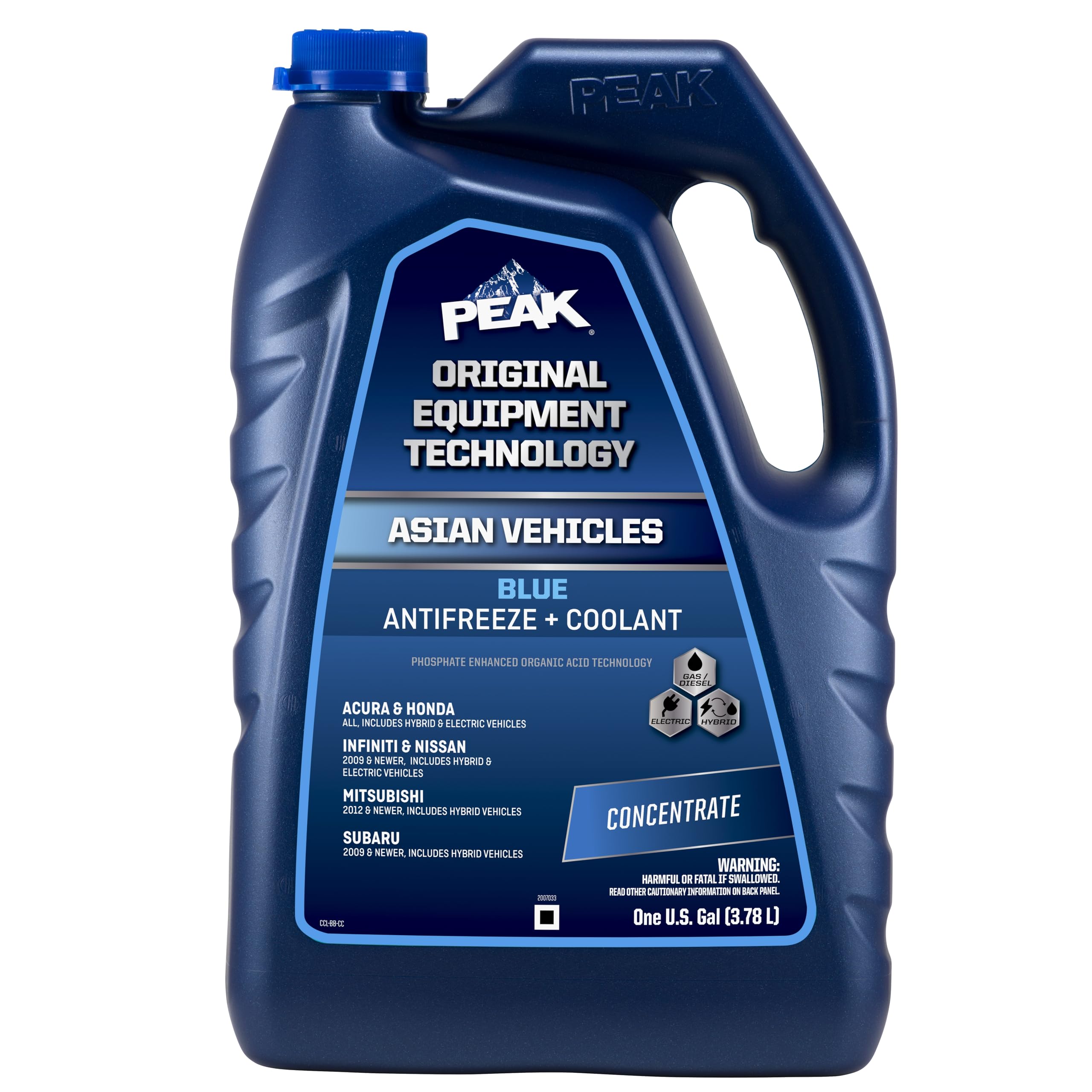 PEAK OET extended-life blue antifreeze bottle ready for top-off and storage.