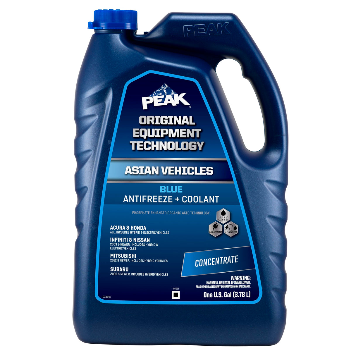 PEAK OET extended-life blue antifreeze bottle ready for top-off and storage.