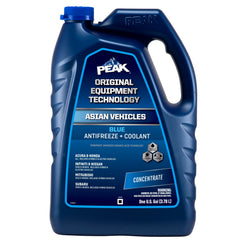 PEAK OET extended-life blue antifreeze bottle ready for top-off and storage.
