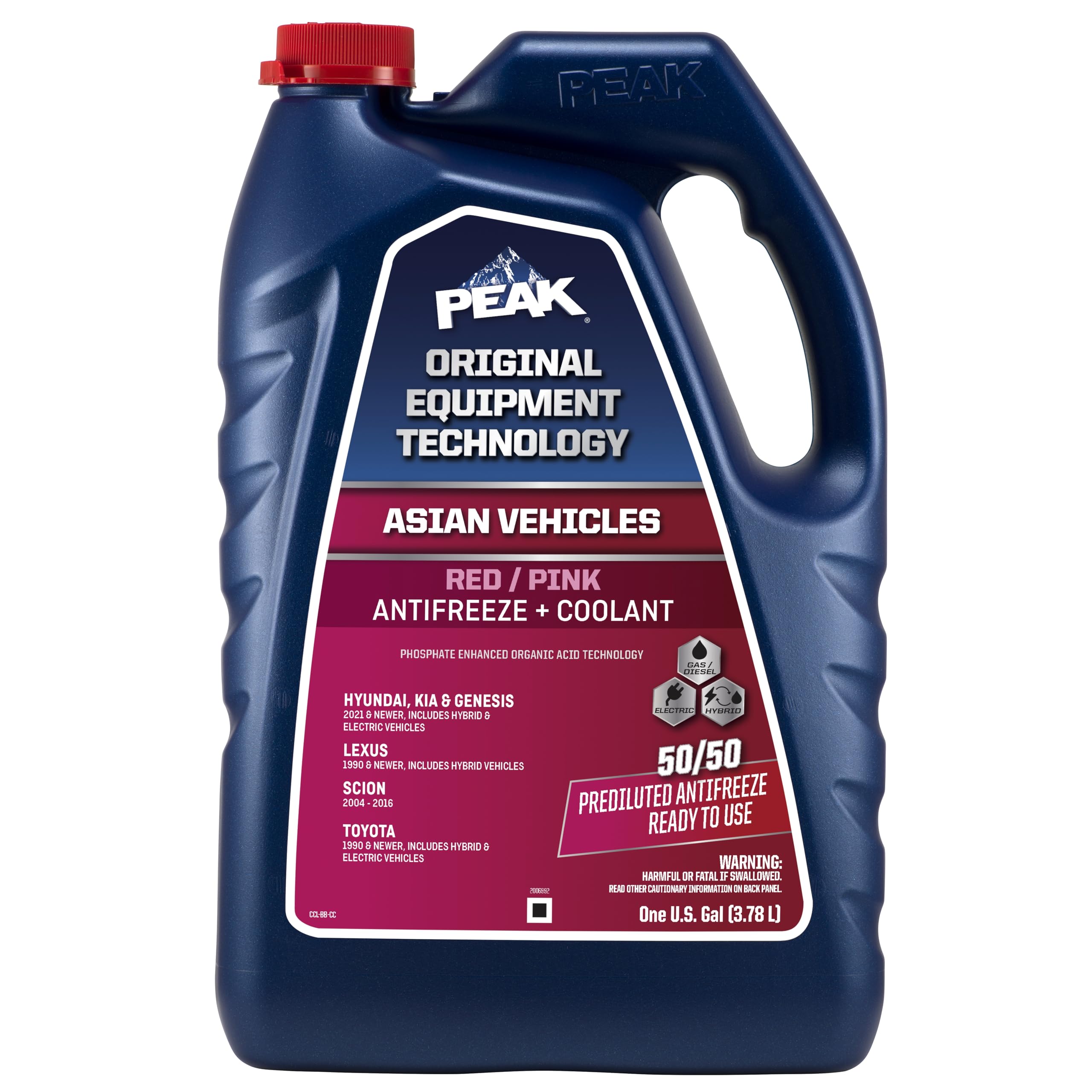 PEAK OET extended life bottle front shows red pink formula for Asian vehicles