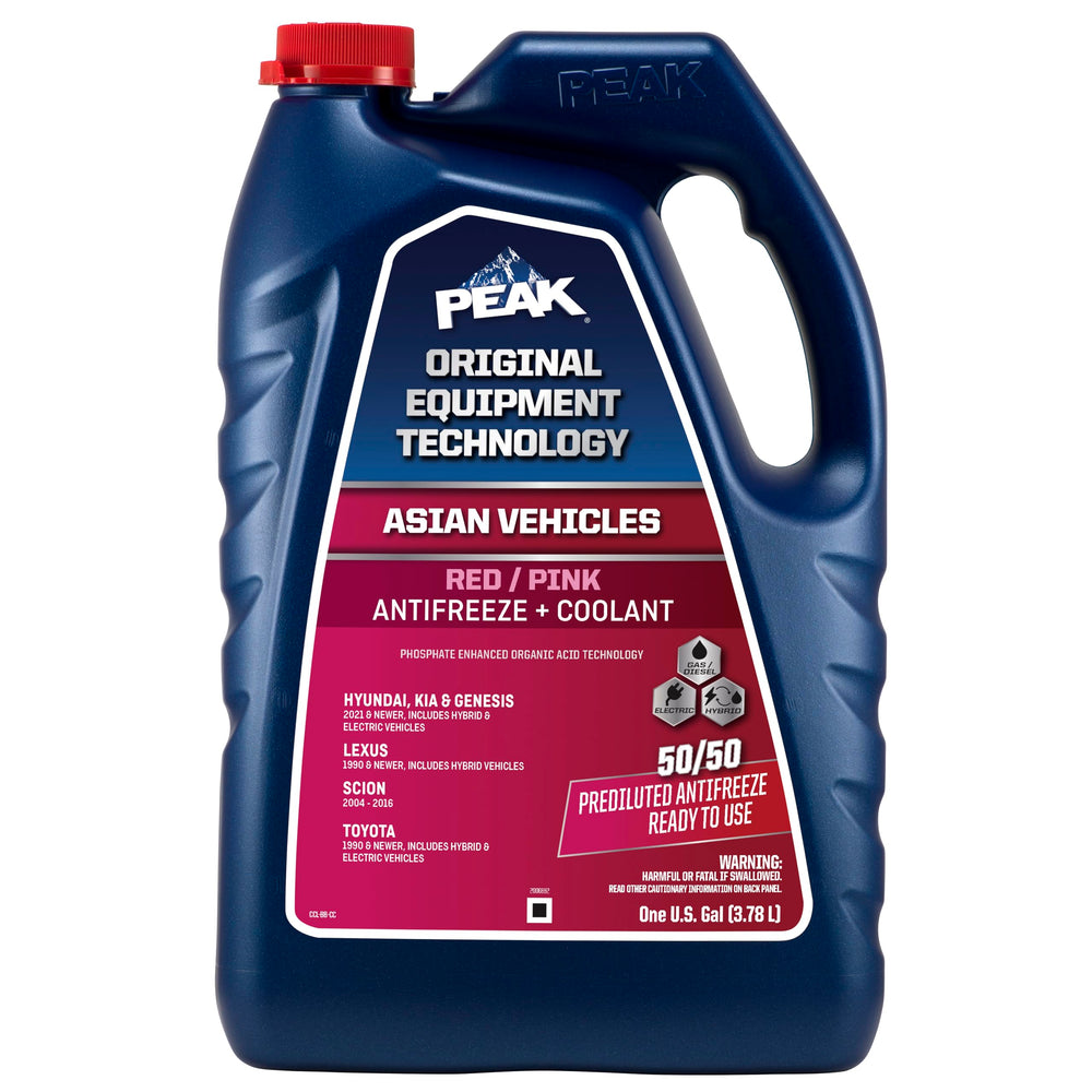 PEAK OET extended life bottle front shows red pink formula for Asian vehicles