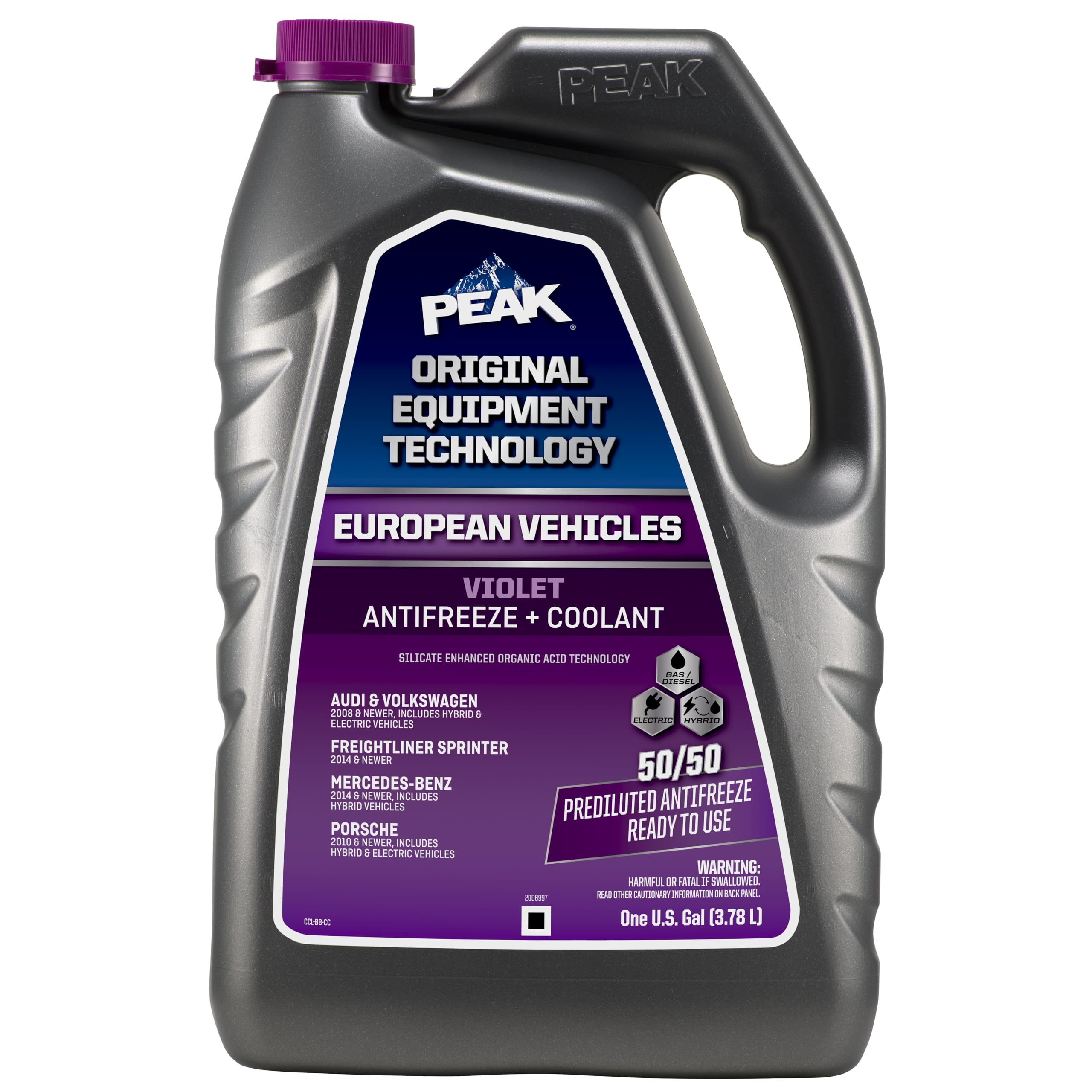 PEAK OET extended life violet coolant bottle for European vehicles, ready for 50-50 mix