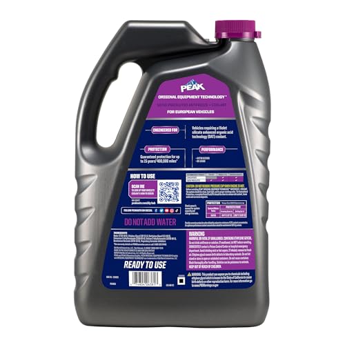 PEAK OET violet coolant bottle close-up showing labeling and safety features