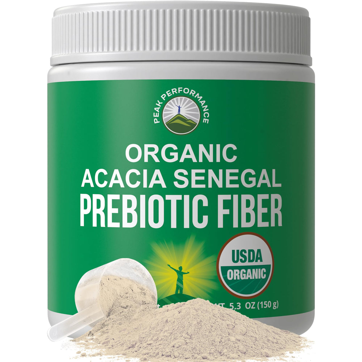 Peak Performance Acacia Senegal prebiotic bottle promoting soluble fiber for daily gut health.