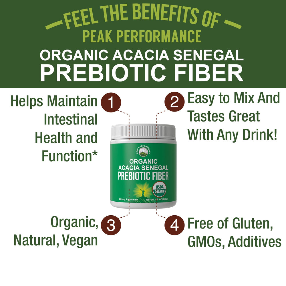 Peak Performance prebiotic scoop for easy daily mixing into beverages.