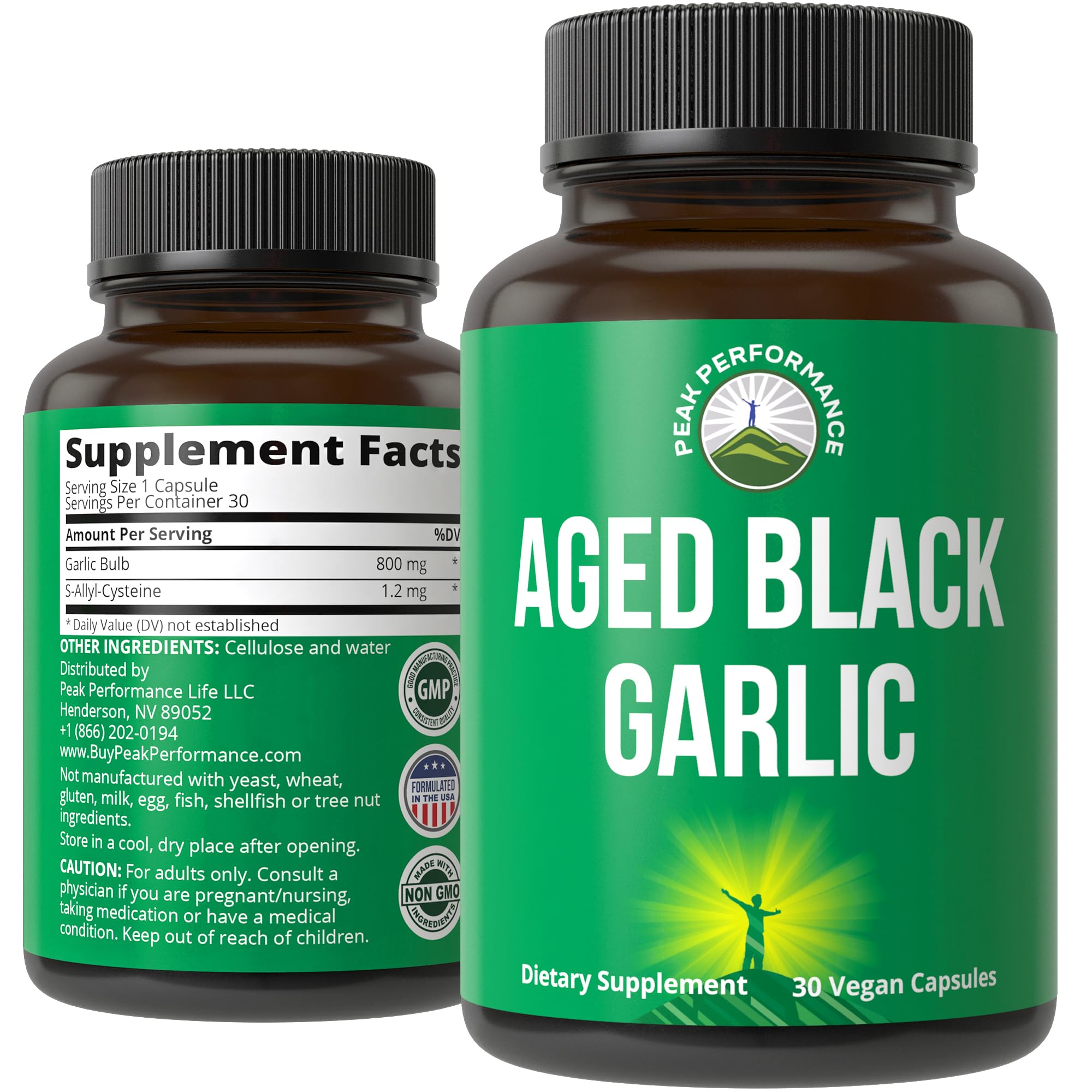 Peak Performance aged black garlic capsules bottle on shelf for daily immune support