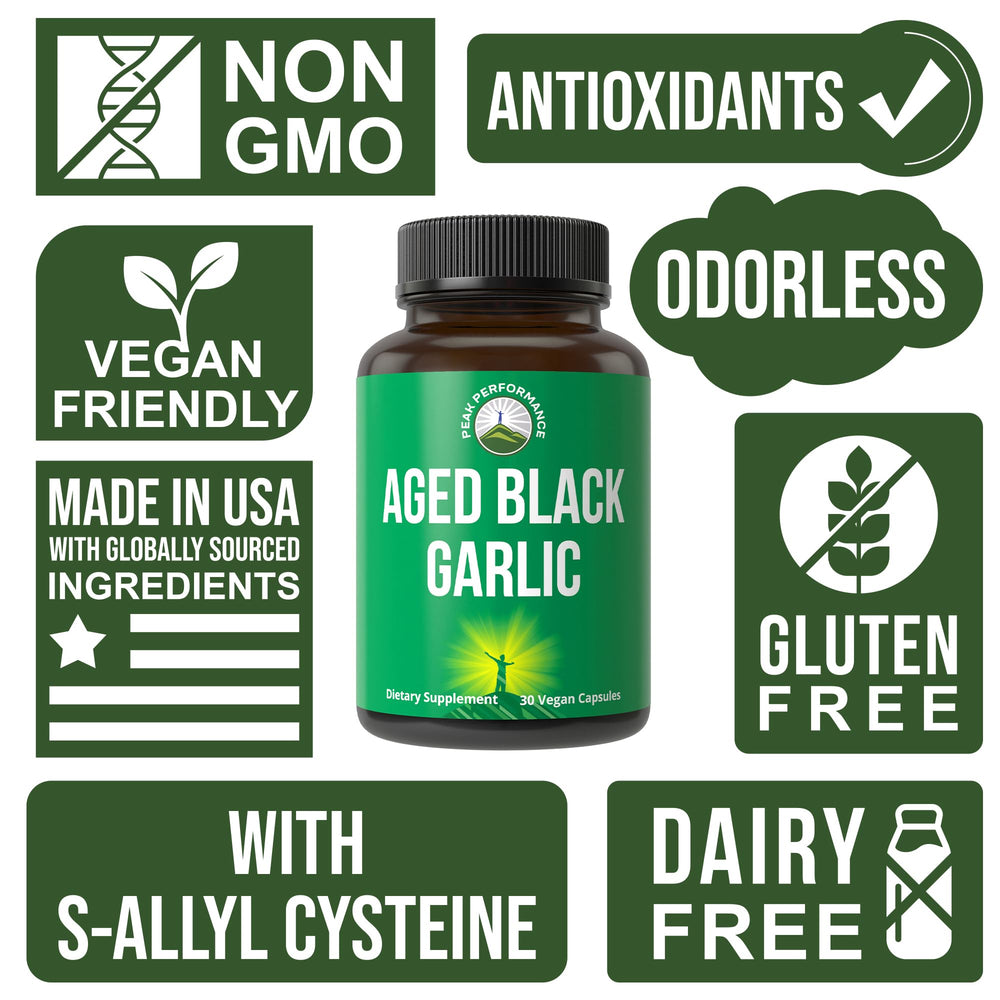 Glass bottle of Peak Performance aged black garlic capsules