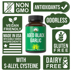 Glass bottle of Peak Performance aged black garlic capsules