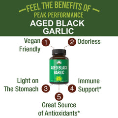 Close-up of Peak Performance label on aged black garlic capsules