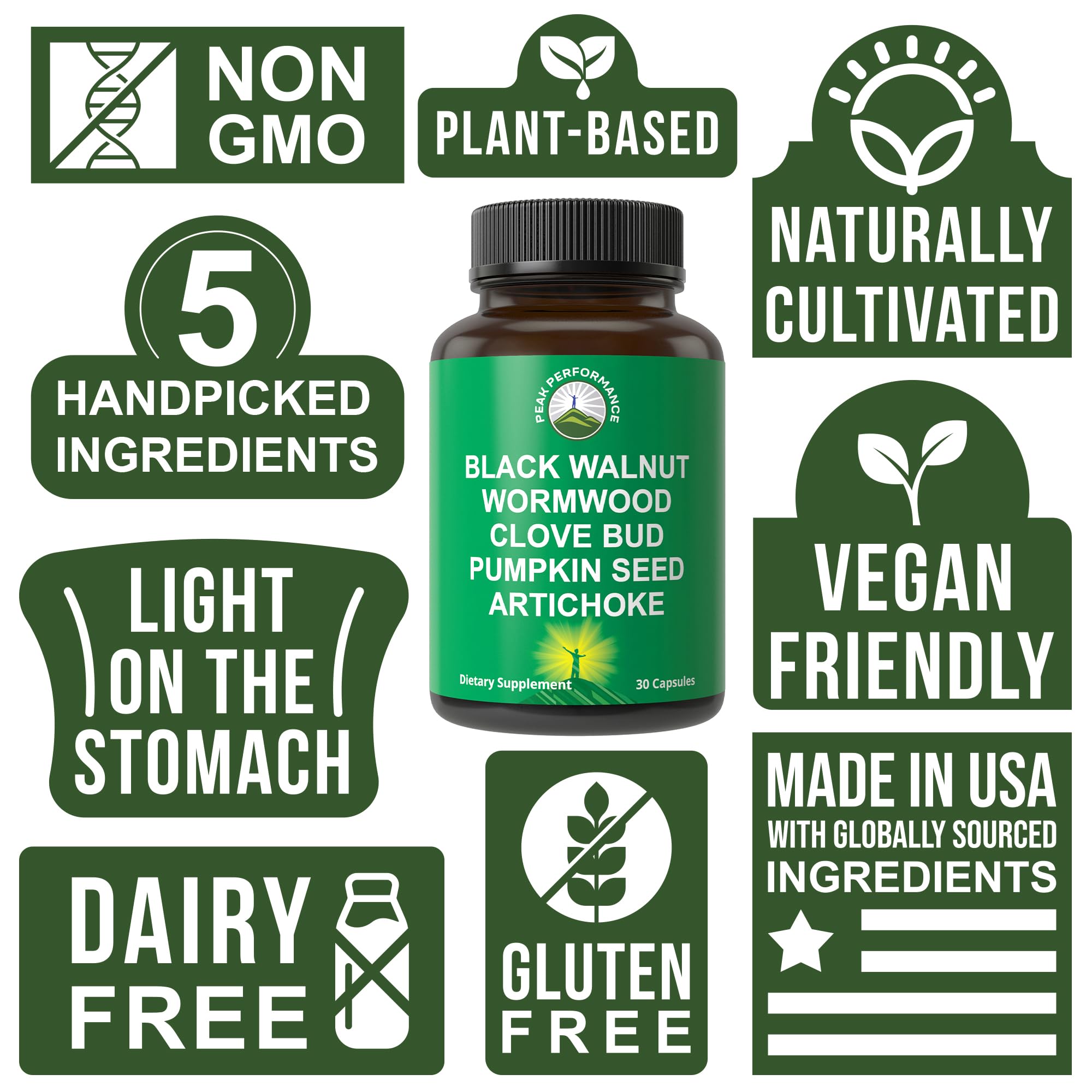 Peak Performance capsules showing artichoke and pumpkin seed blend for added support.