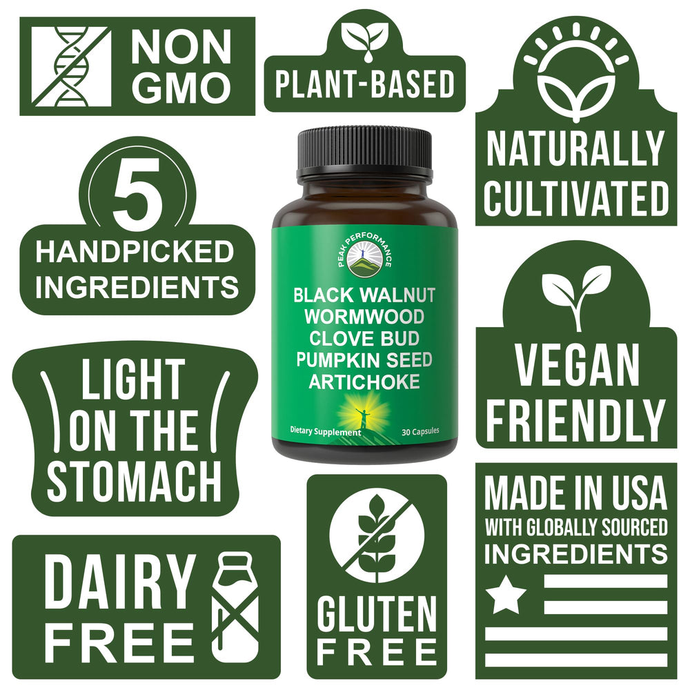 Peak Performance capsules showing artichoke and pumpkin seed blend for added support.