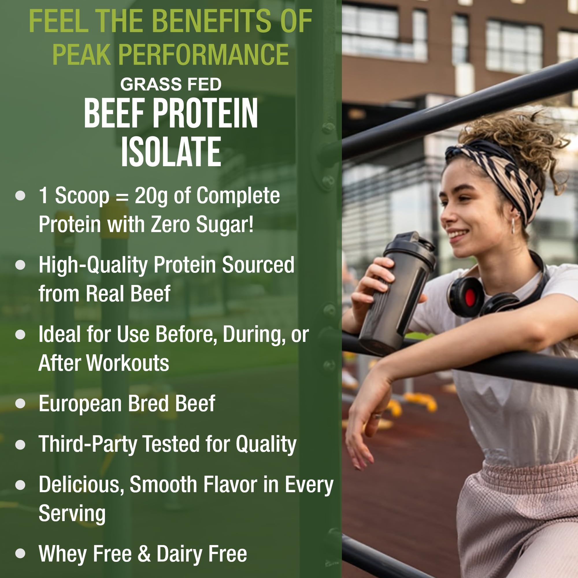 Peak Performance beef protein bottle on kitchen counter ready for daily use.
