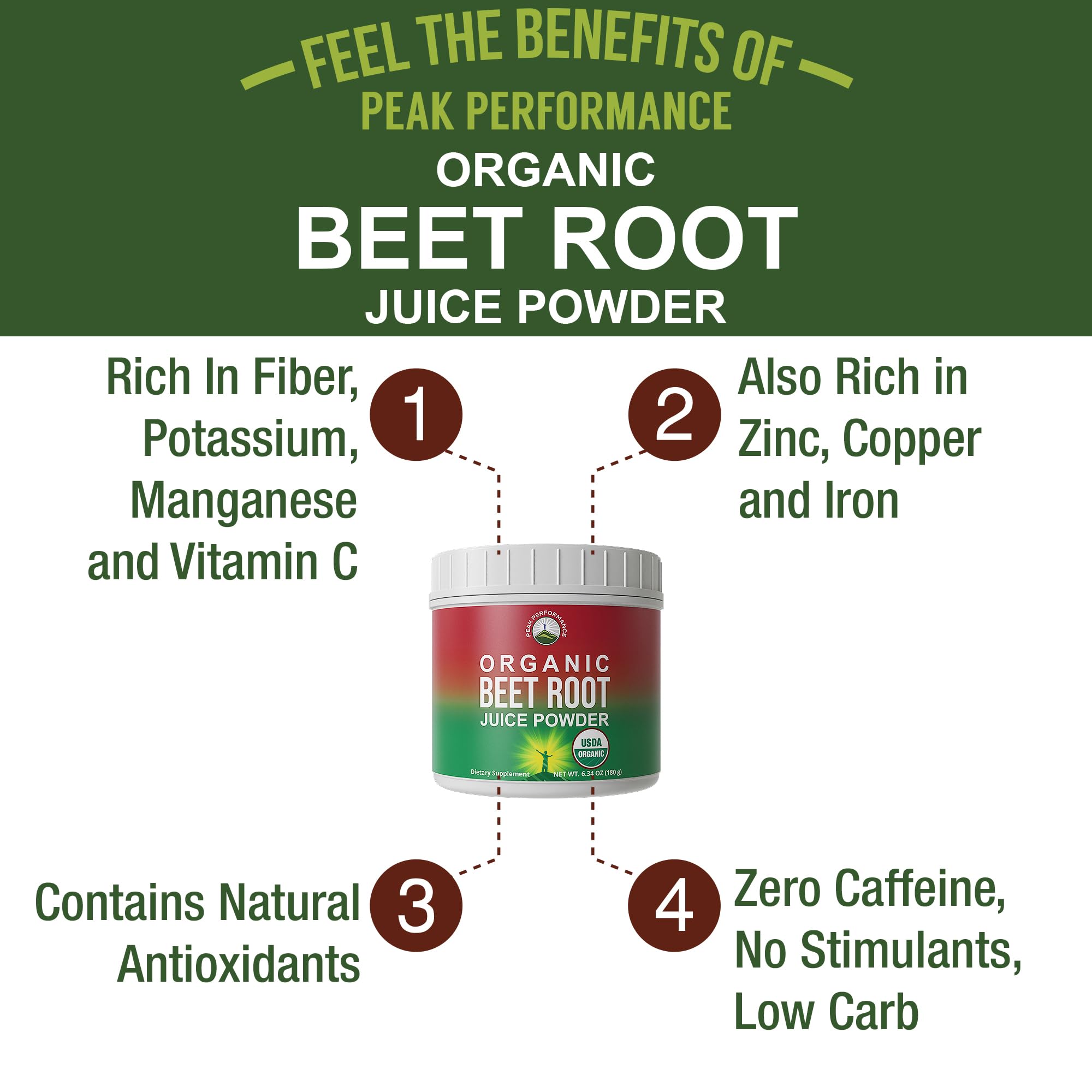 Peak Performance beet powder scoop in hand for quick, convenient daily nutrition