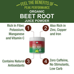 Peak Performance beet powder scoop in hand for quick, convenient daily nutrition