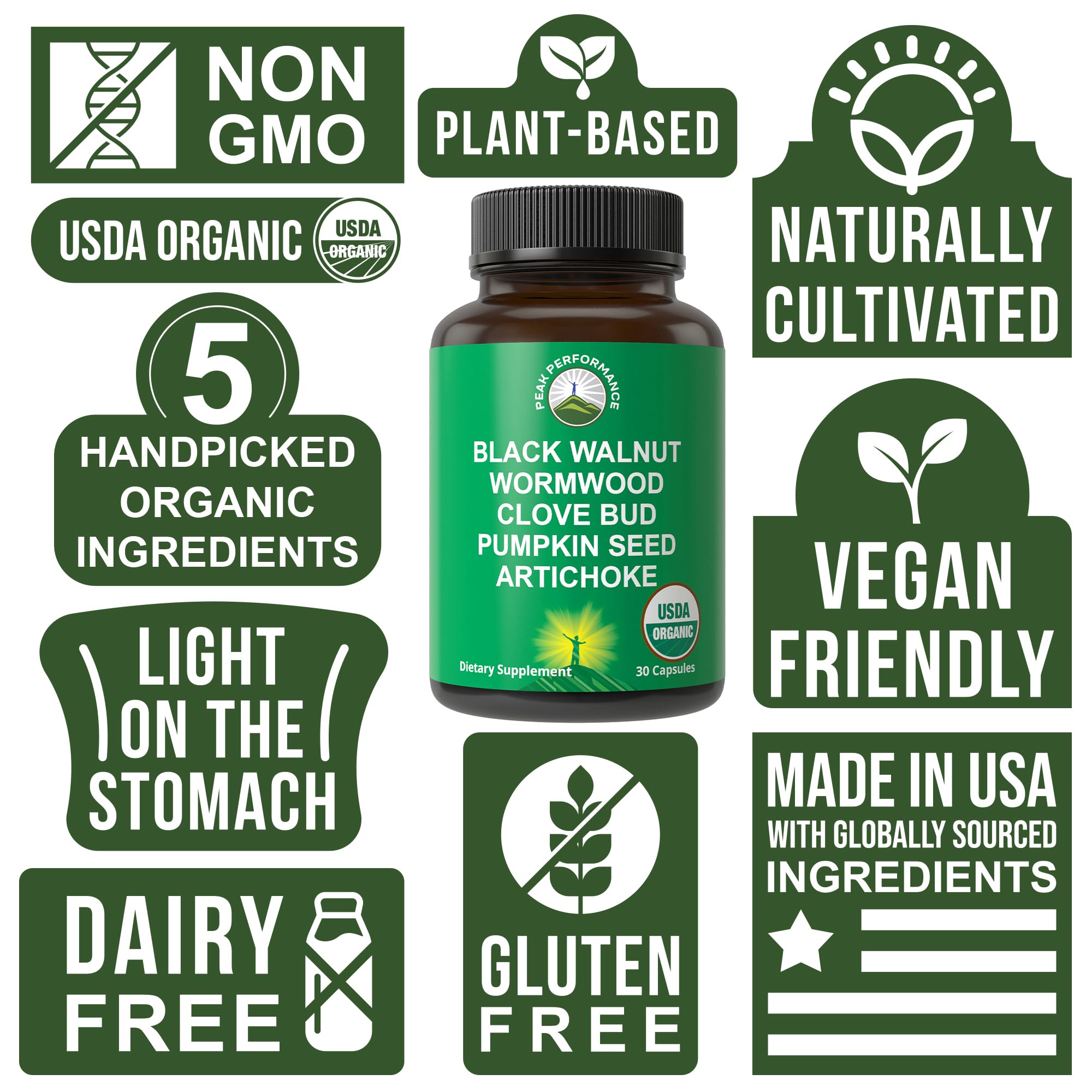 Peak Performance Black Walnut capsules highlight plant-based intestinal support.