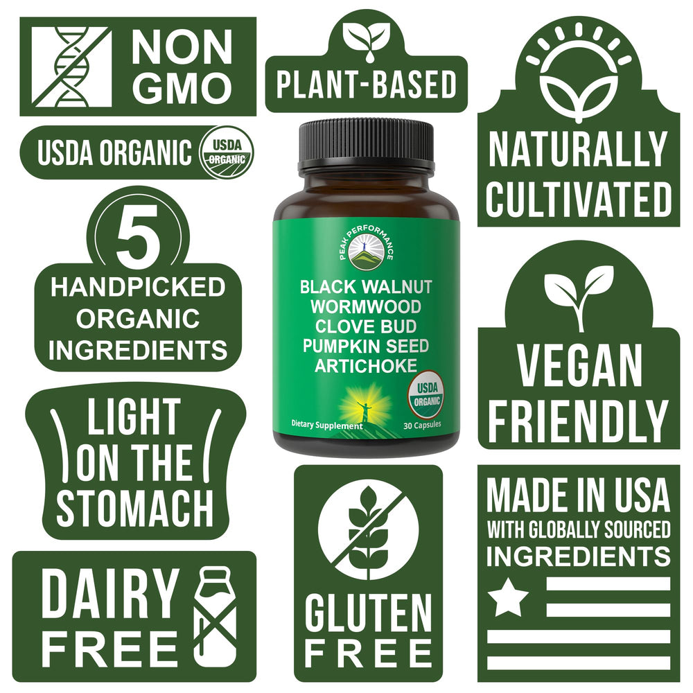 Peak Performance Black Walnut capsules highlight plant-based intestinal support.