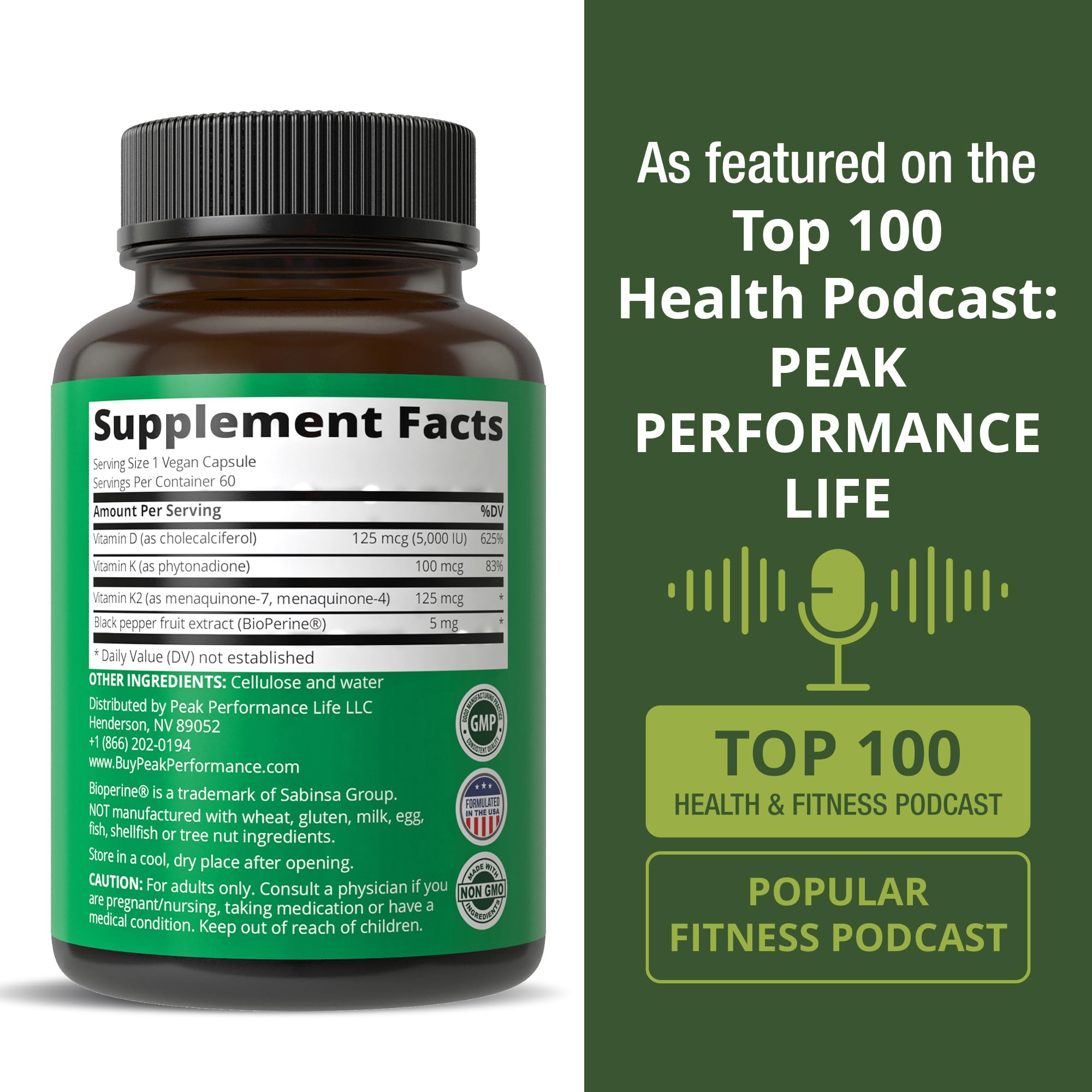 Peak Performance bottle with healthy foods suggests a daily wellness routine