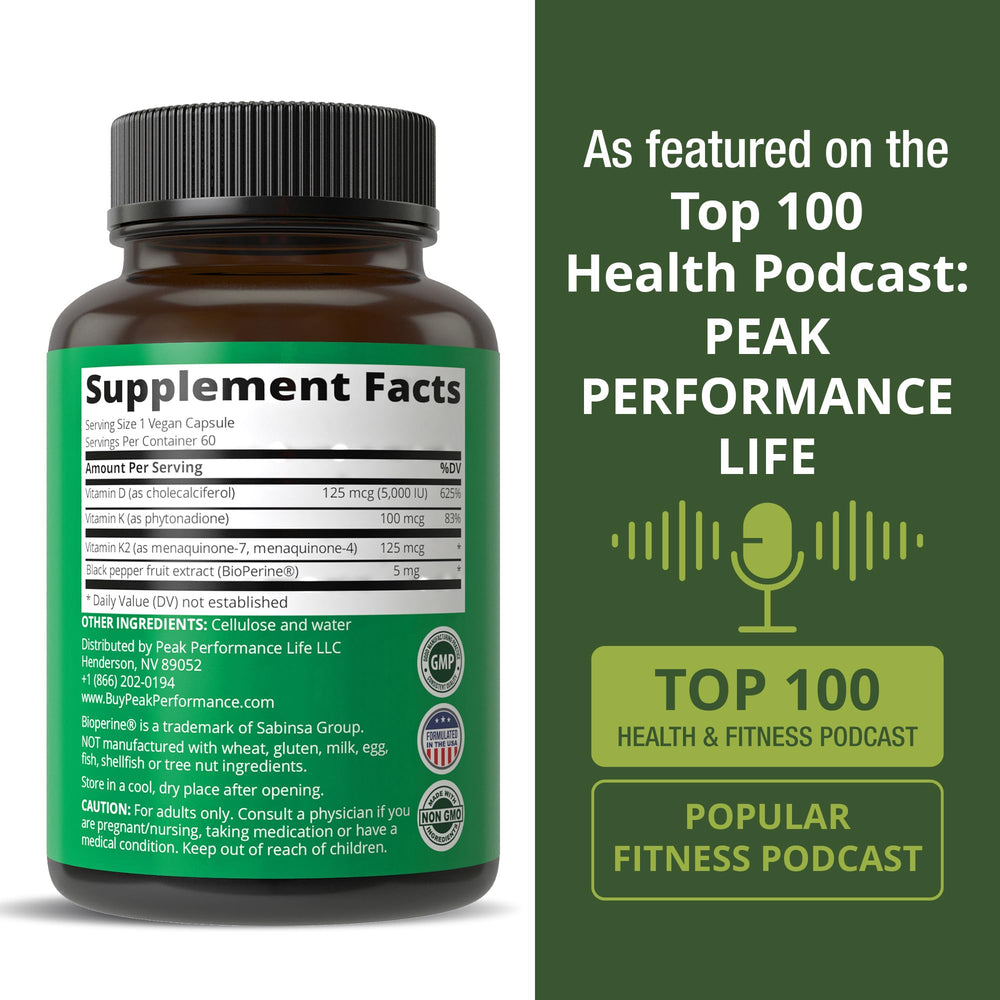 Peak Performance bottle with healthy foods suggests a daily wellness routine
