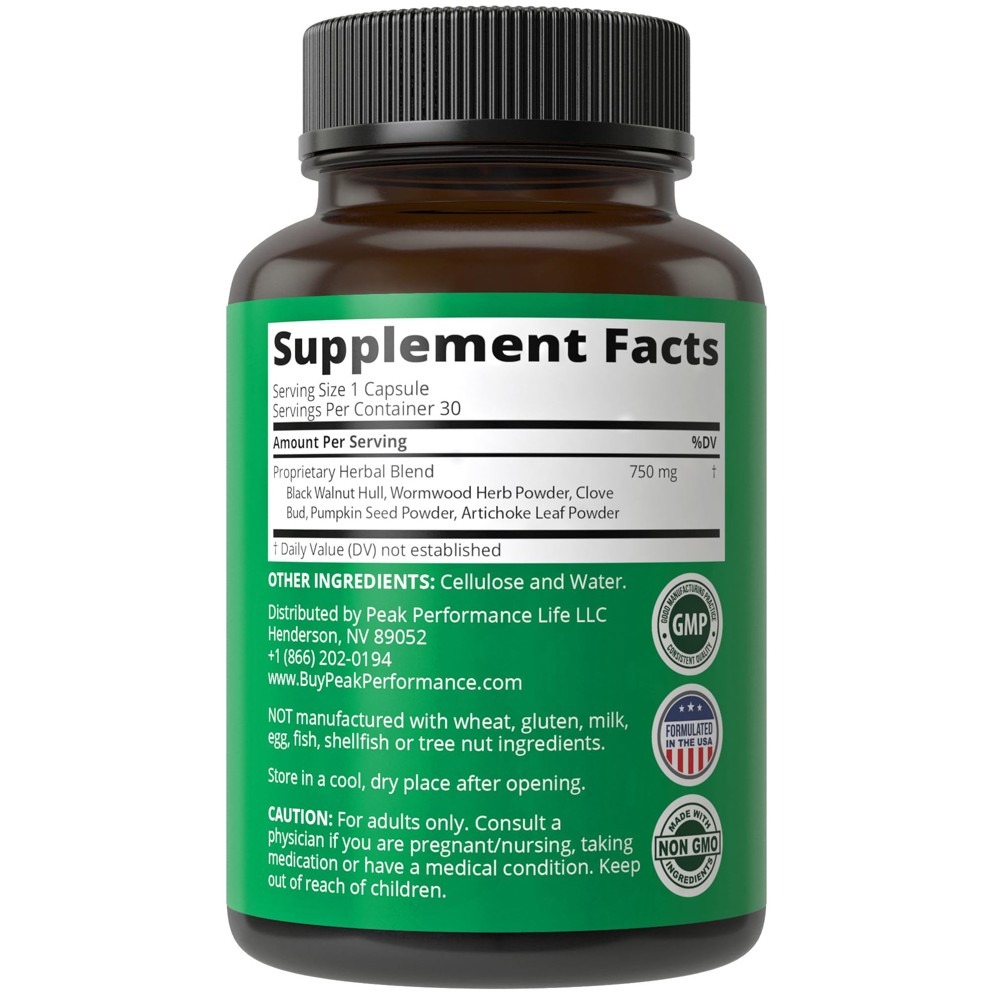 Pill capsules ready for daily routine from Peak Performance bottle.