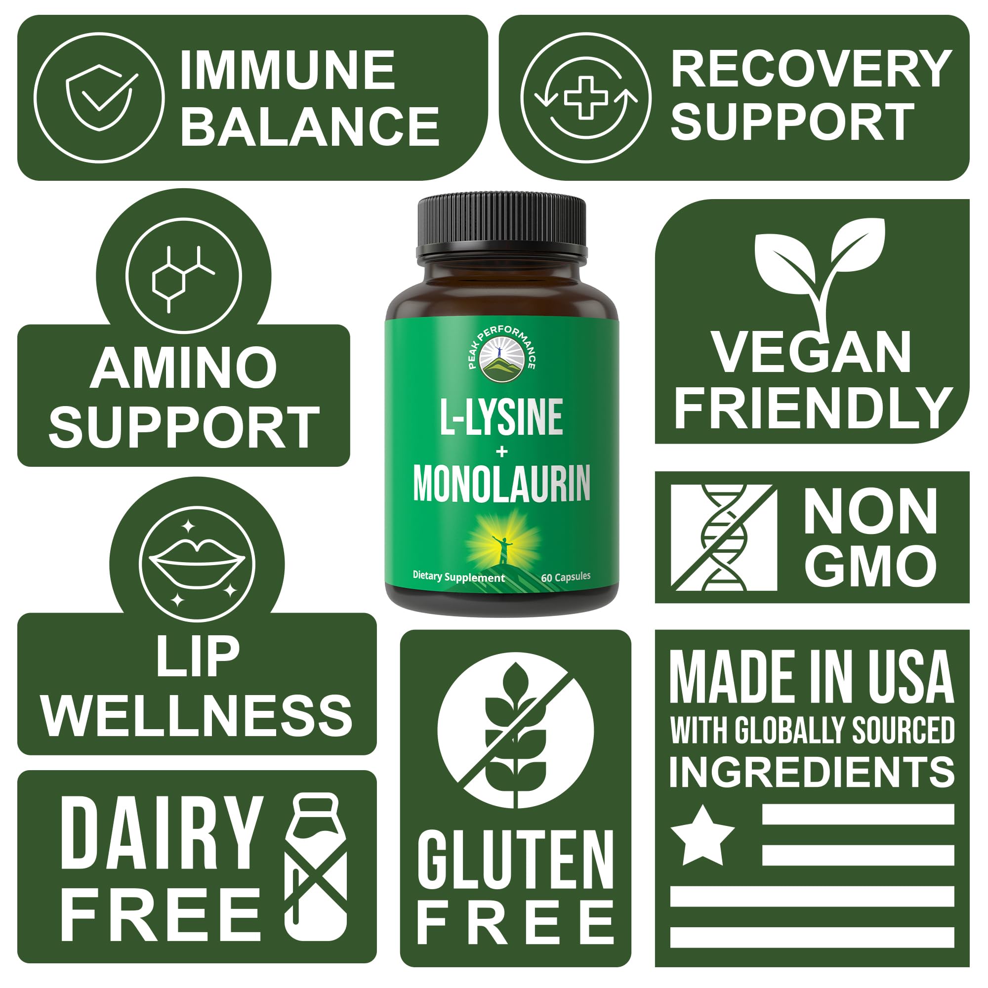 Peak Performance capsules closeup — 60 capsules of L-Lysine and Monolaurin.