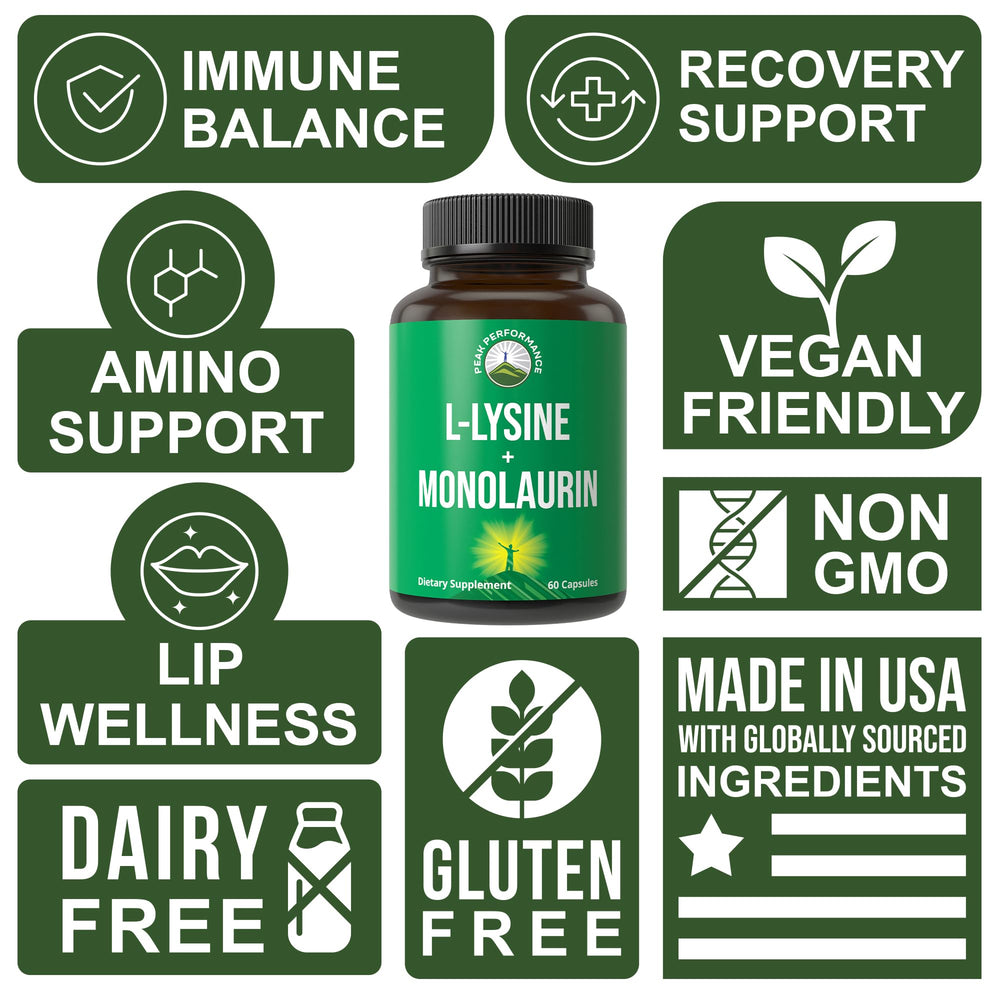 Peak Performance capsules closeup — 60 capsules of L-Lysine and Monolaurin.
