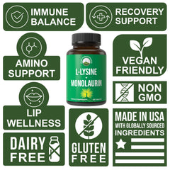 Peak Performance capsules closeup — 60 capsules of L-Lysine and Monolaurin.