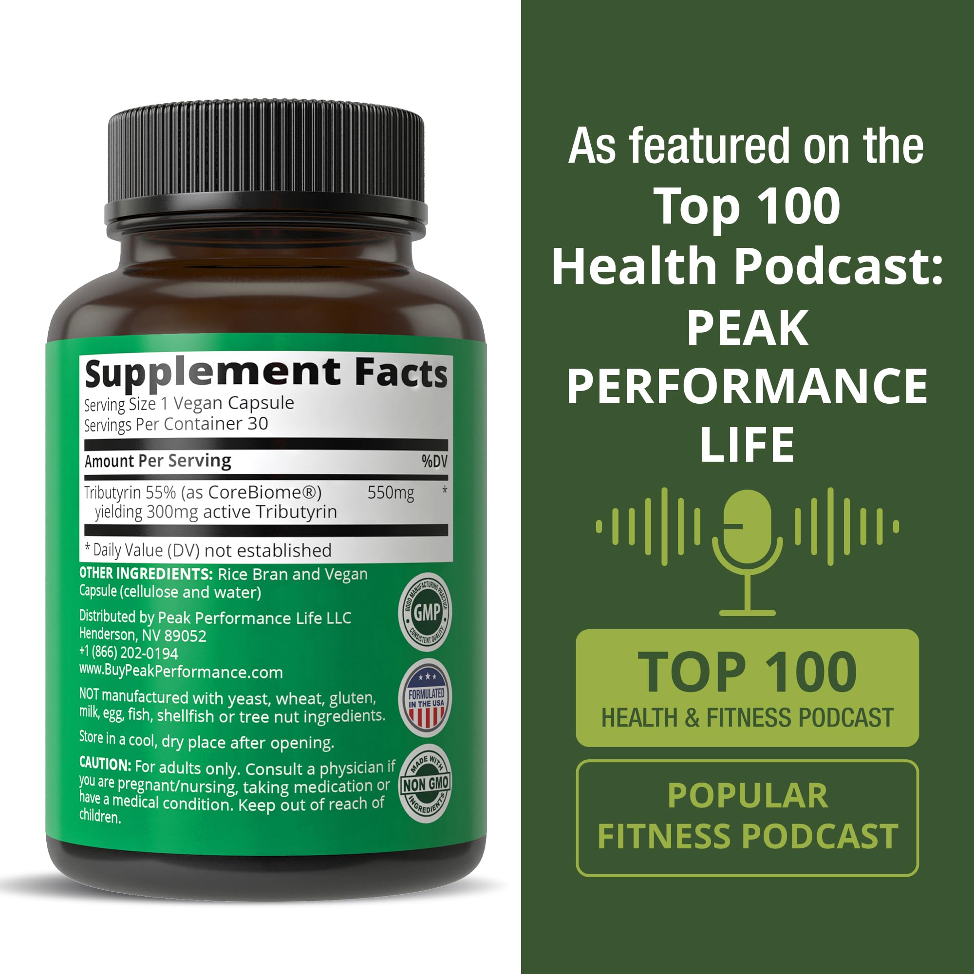 Peak Performance CoreBiome Tributyrin bottle with glass emphasizes a clean design.