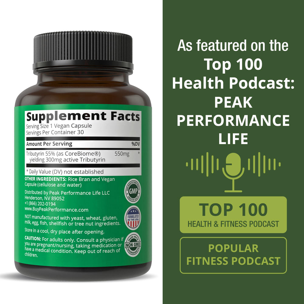 Peak Performance CoreBiome Tributyrin bottle with glass emphasizes a clean design.