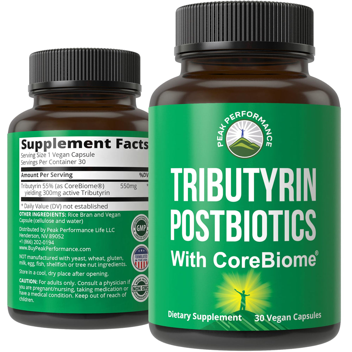 Peak Performance CoreBiome Tributyrin bottle shown for gut health support.