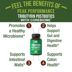 Peak Performance CoreBiome Tributyrin packaging on table conveys quality and trust.