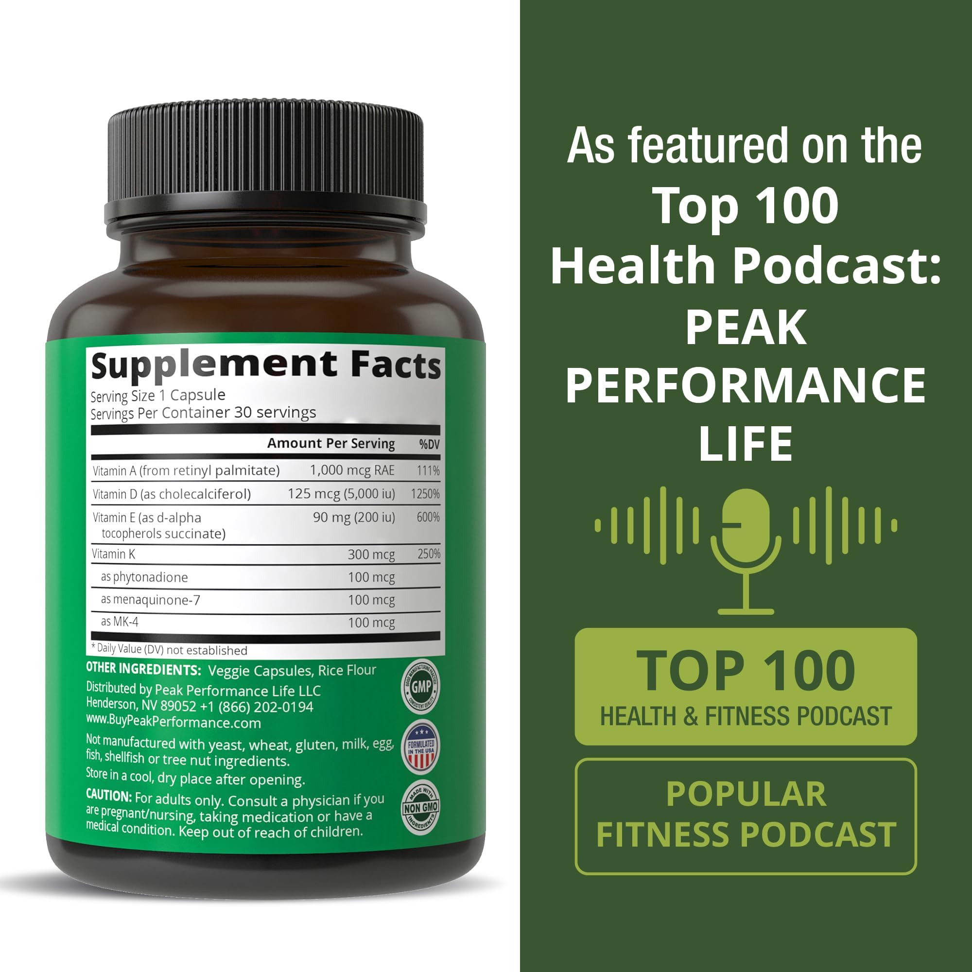 Product packaging featuring Vitamin Angels donation message with Peak Performance.