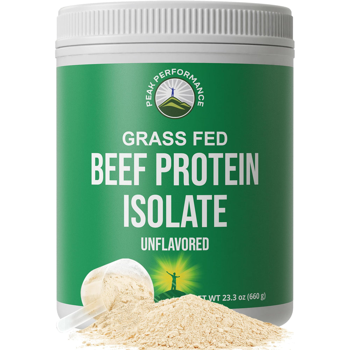 Peak Performance grass-fed beef protein bottle, lactose-free and dairy-free nutrition.