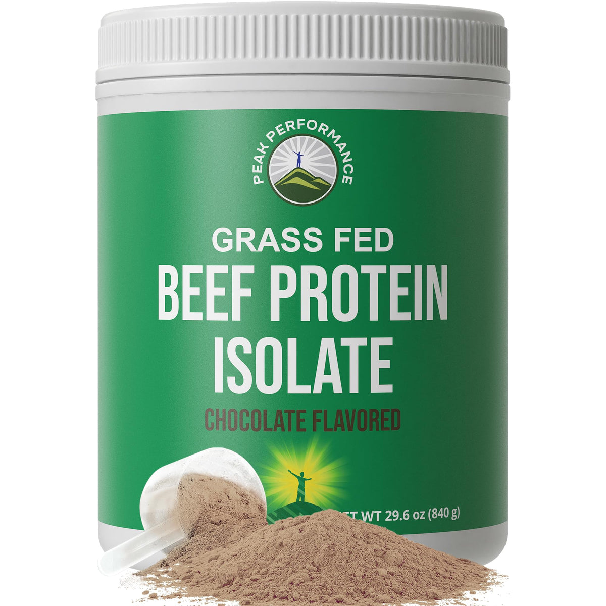 Peak Performance grass-fed beef protein powder bottle for post-workout recovery.
