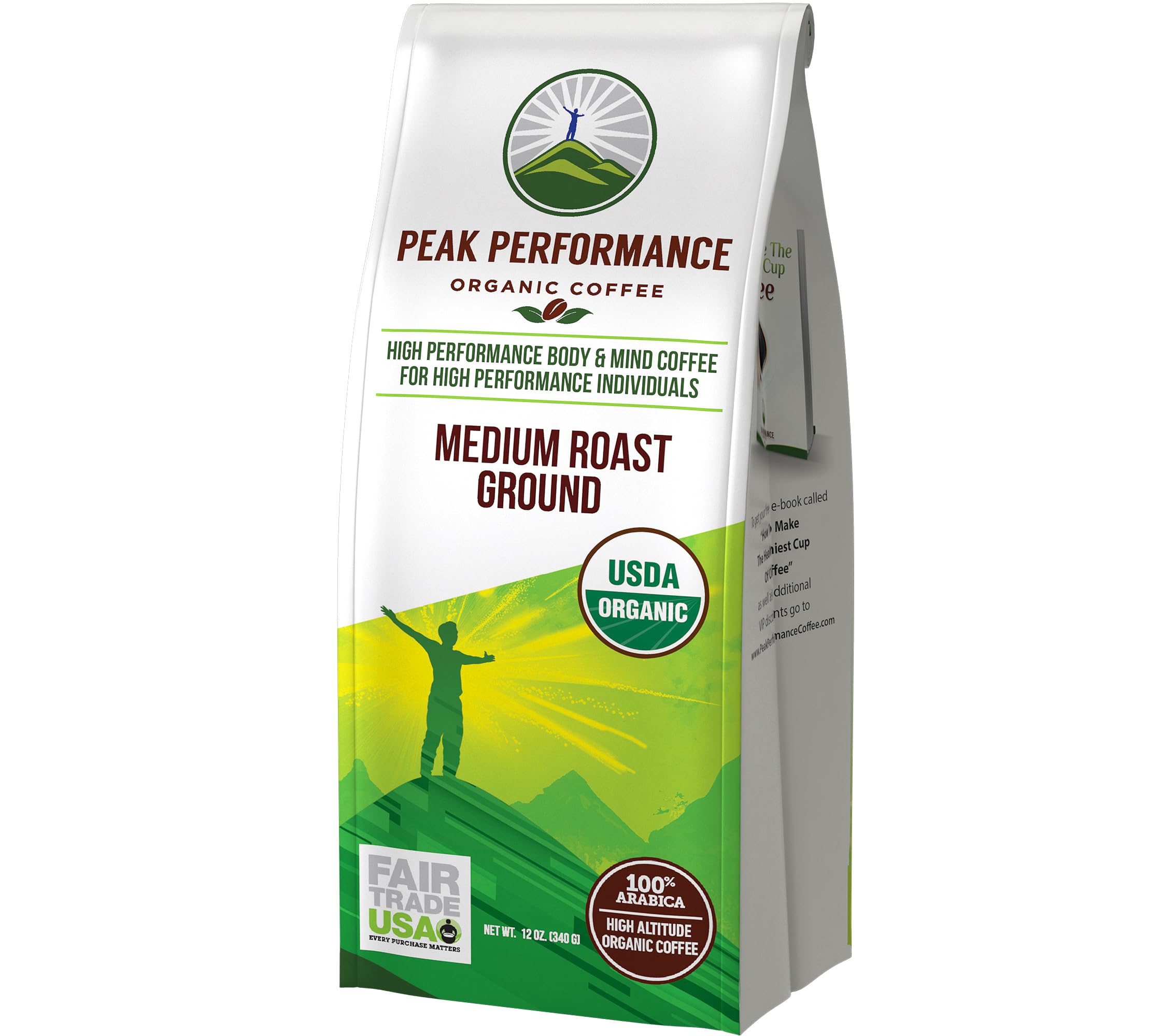 Peak Performance high altitude organic coffee ground bag highlights Fair Trade and USDA Organic certification.