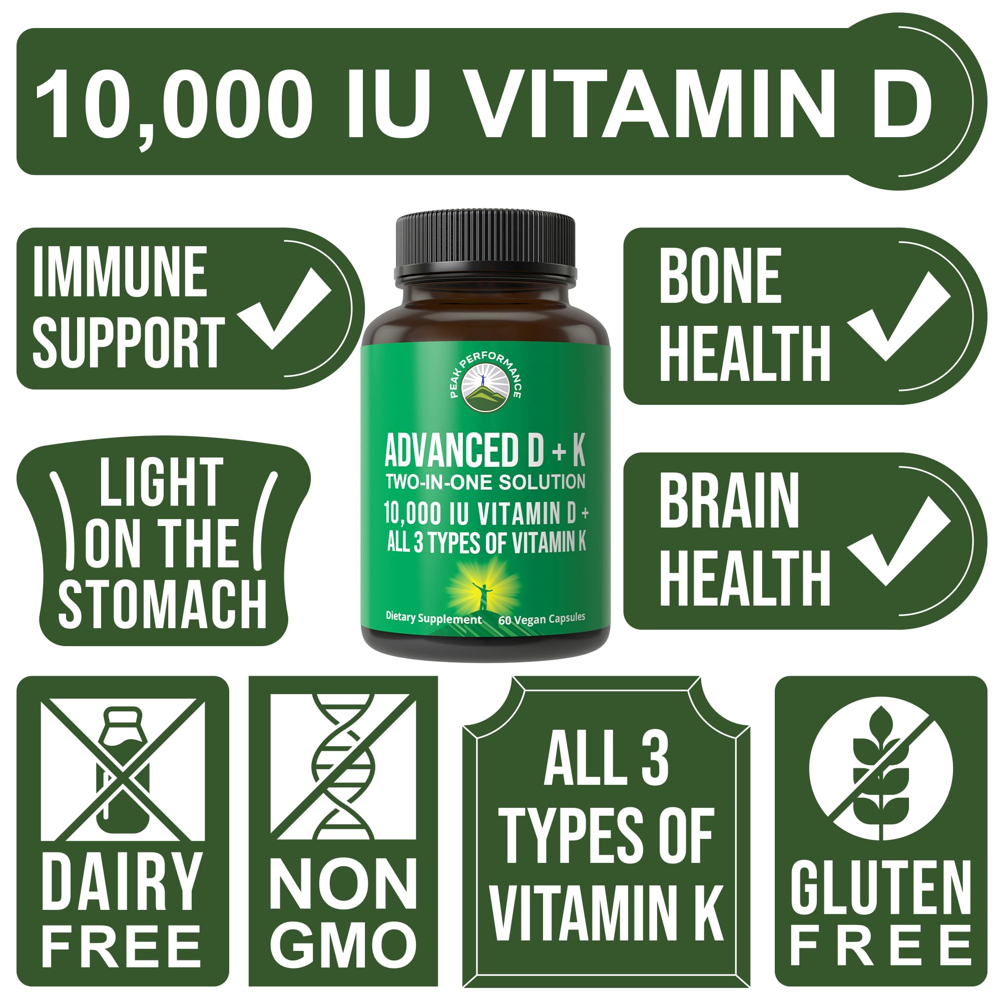 Peak Performance bottle label showing K1 MK-7 MK-4 blend for balanced nutrient support.