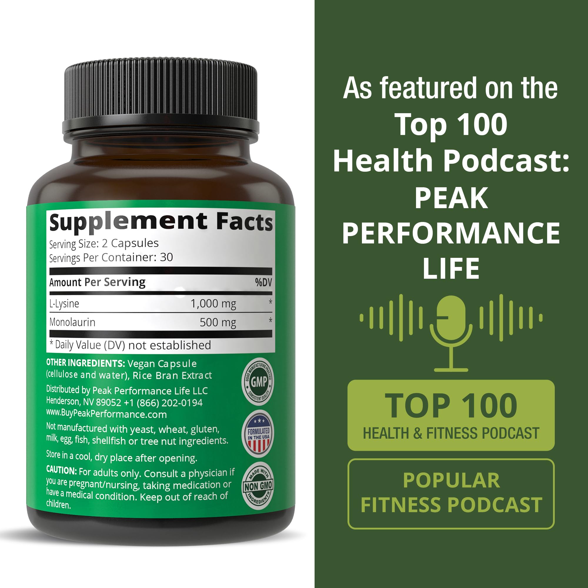 Peak Performance label nutrition — allergen-free ingredients and GMP production.