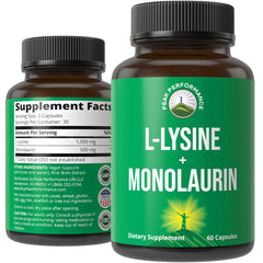 Peak Performance lysine-monolaurin bottle — high-potency immune support and skin health.