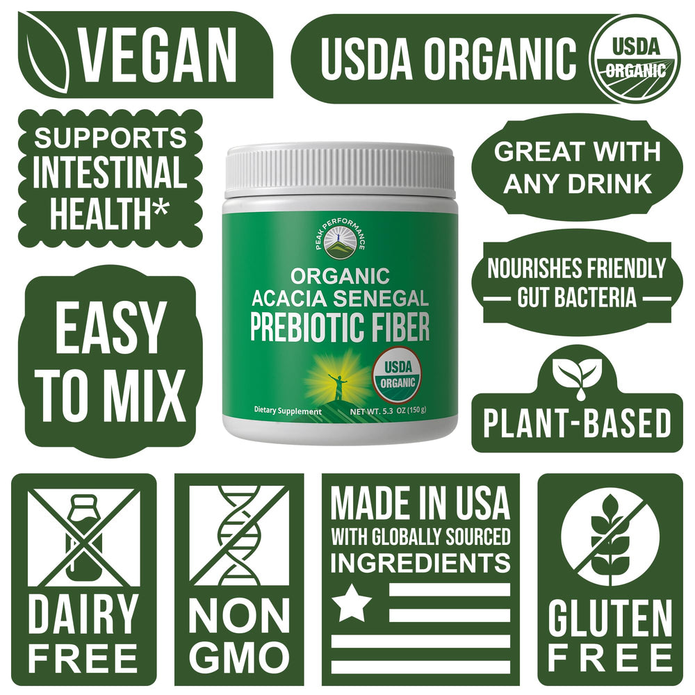 Peak Performance organic acacia senegal label highlighting organic, plant-based fiber source.