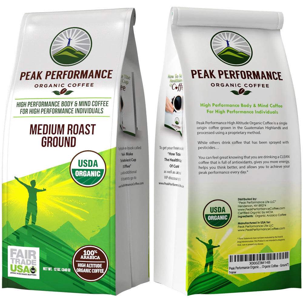 Peak Performance organic coffee packaging and label emphasizing freshness and quality.