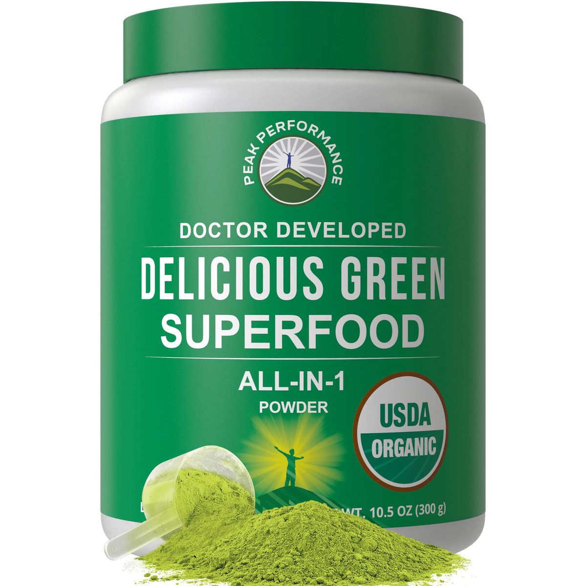 Peak Performance Organic Greens powder bottle ready for daily energy boost