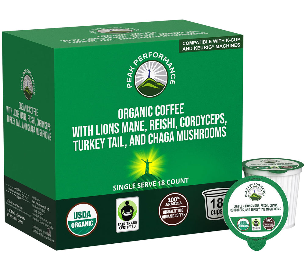 Peak Performance Lion's Mane mushroom pod for a smooth, focused cup.