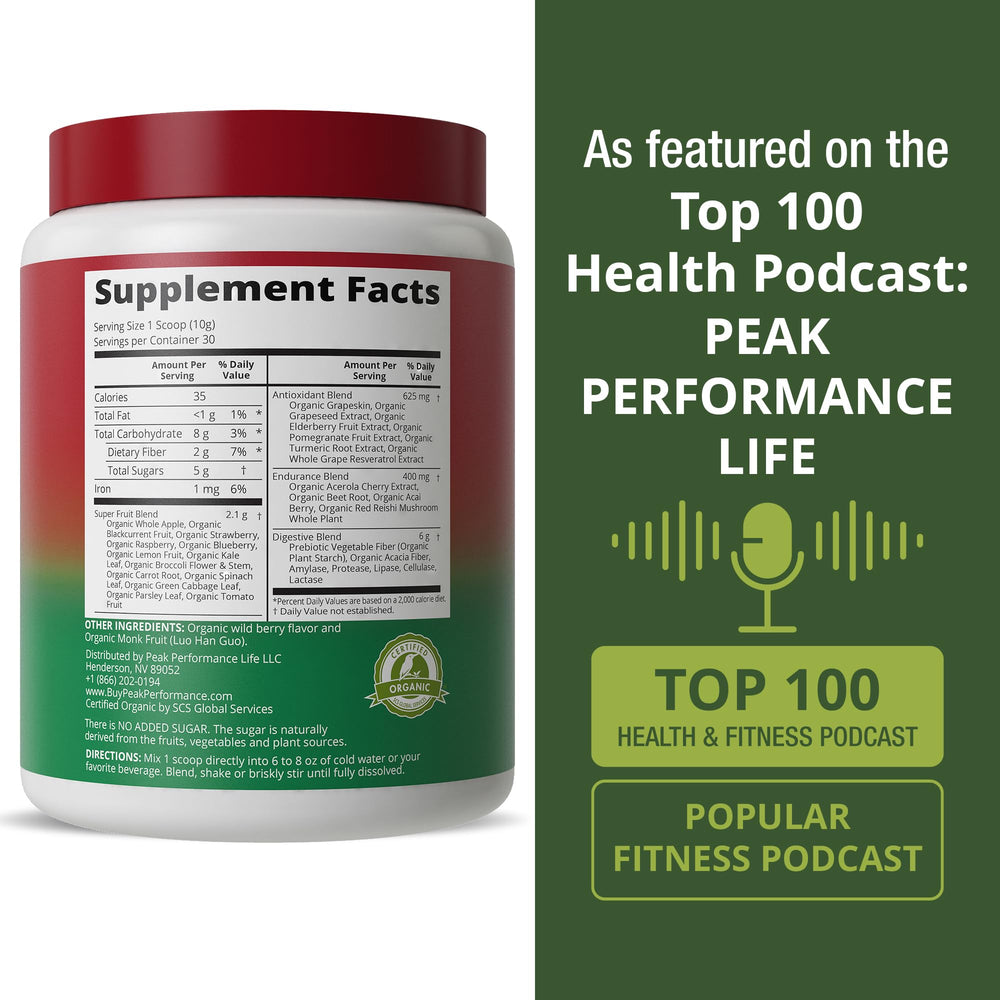 Packaging box and jar of Peak Performance Organic Reds in lifestyle setting