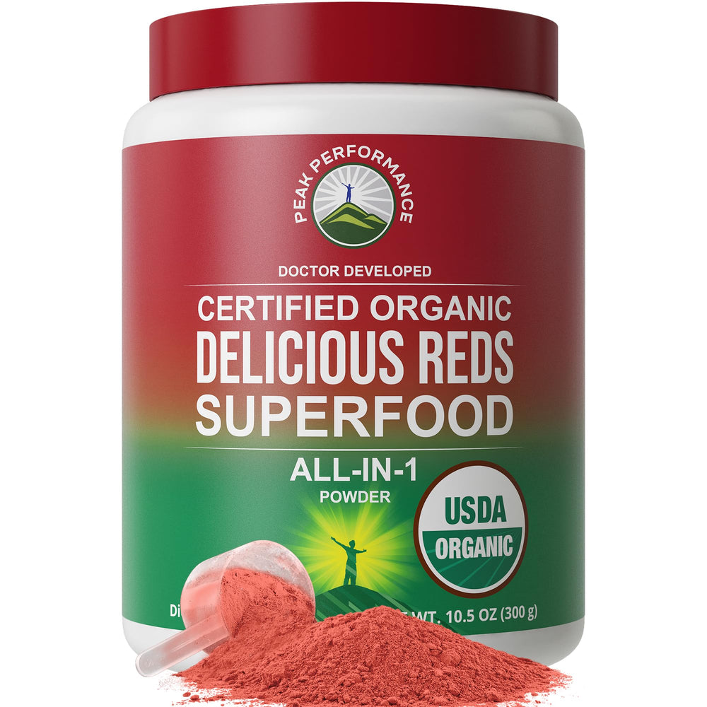 Peak Performance Organic Reds powder bottle for daily energy support