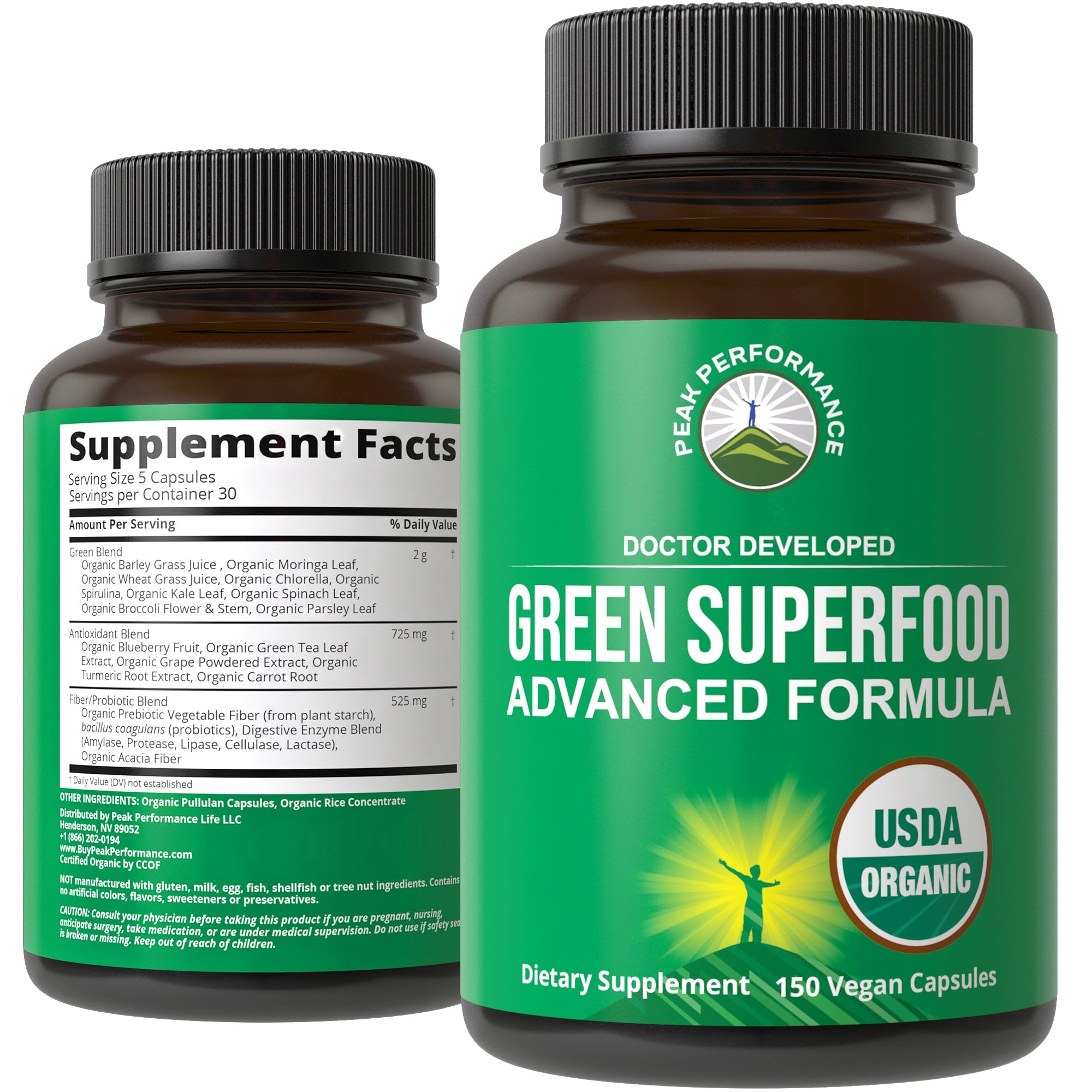 Peak Performance Organic Super Greens bottle shows a vibrant greens formula for daily energy support