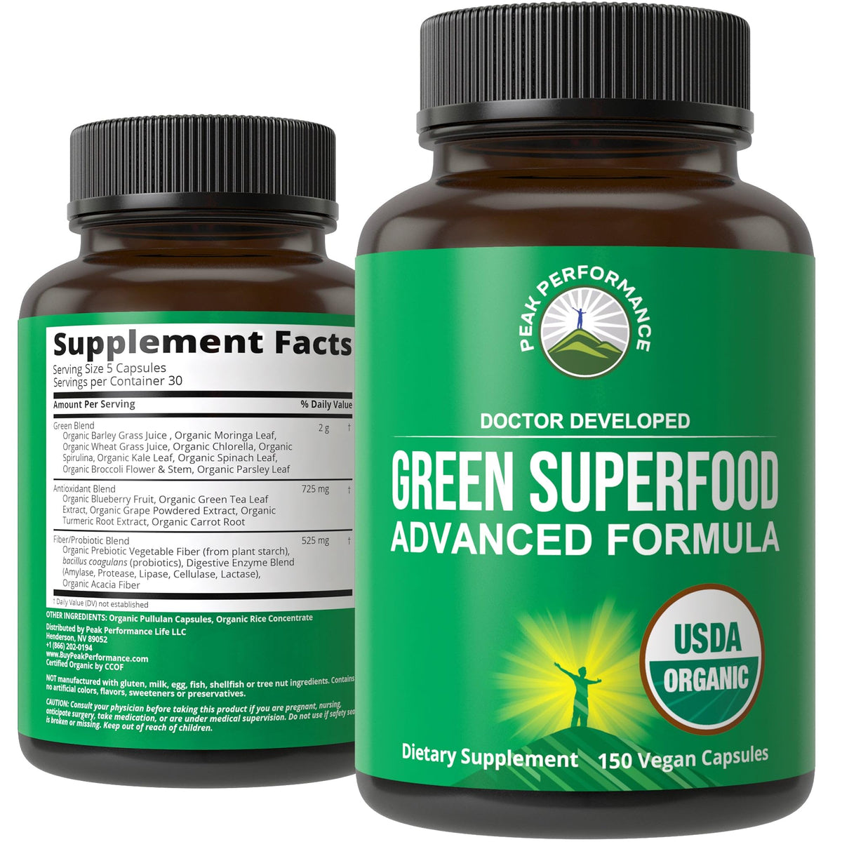 Peak Performance Organic Super Greens bottle shows a vibrant greens formula for daily energy support