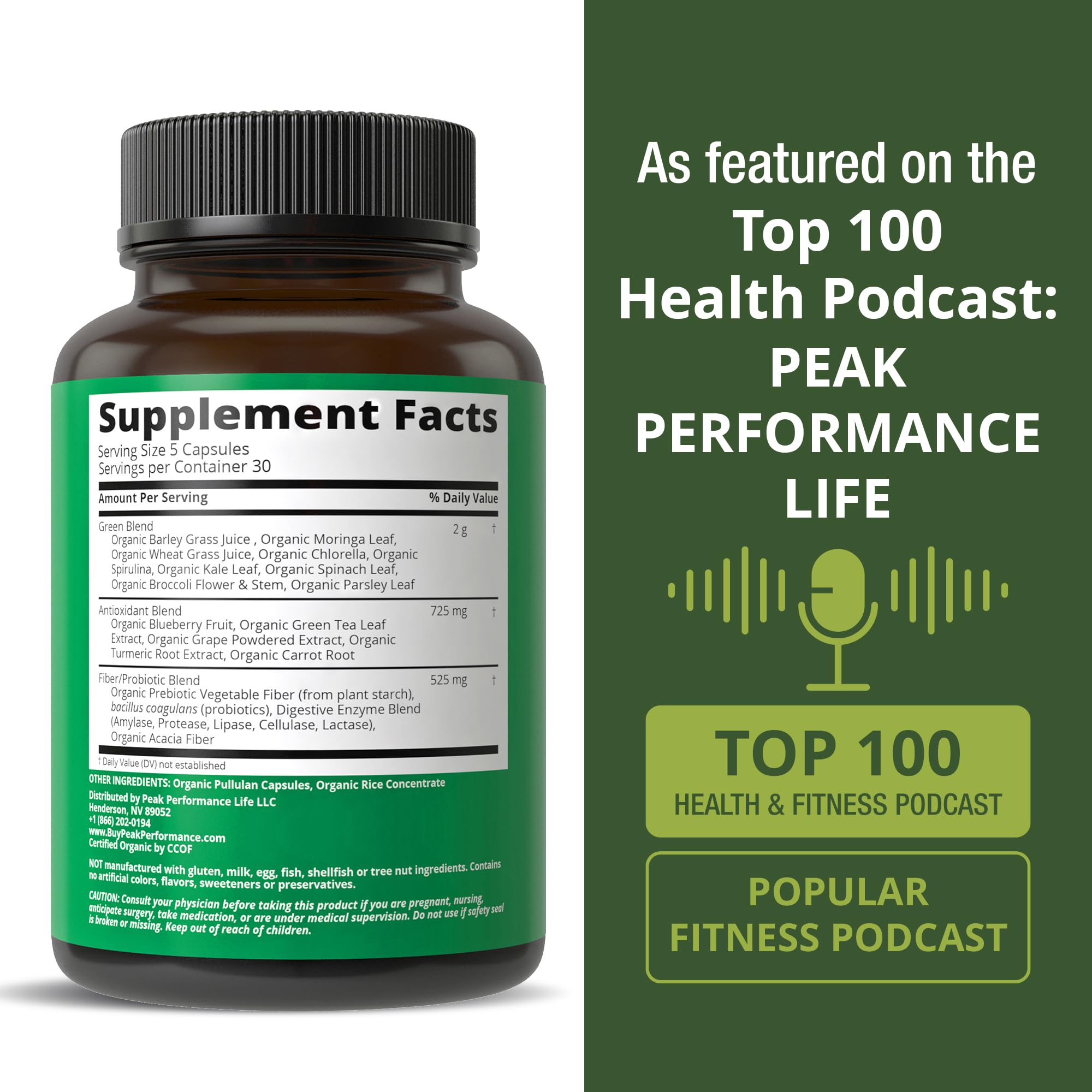 Peak Performance Organic Super Greens in a bright kitchen suggests healthy daily routine