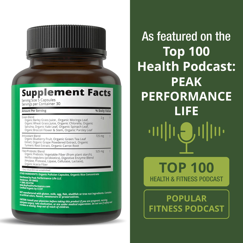 Peak Performance Organic Super Greens in a bright kitchen suggests healthy daily routine