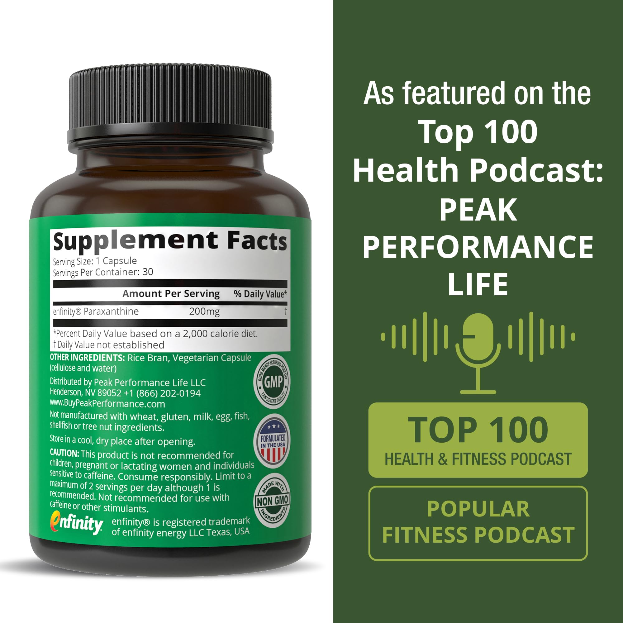 Peak Performance Paraxanthine capsules GMP seal signifying quality