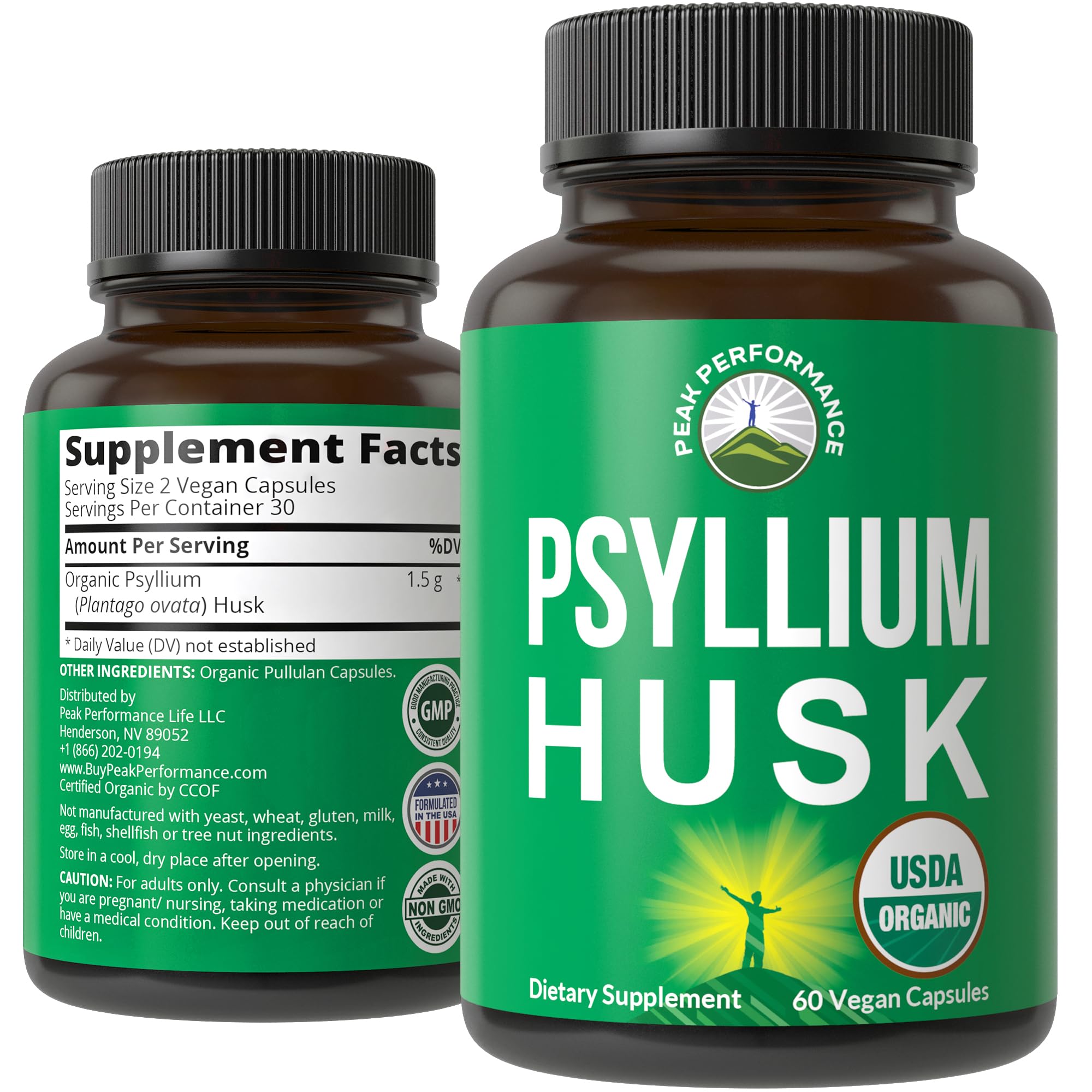 Peak Performance psyllium husk bottle — organic fiber for gentle daily digestive support